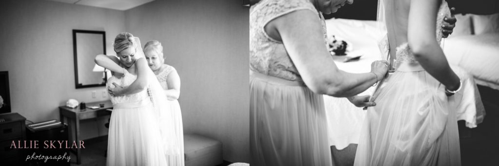 bride puts on dress in bloomsburg PA