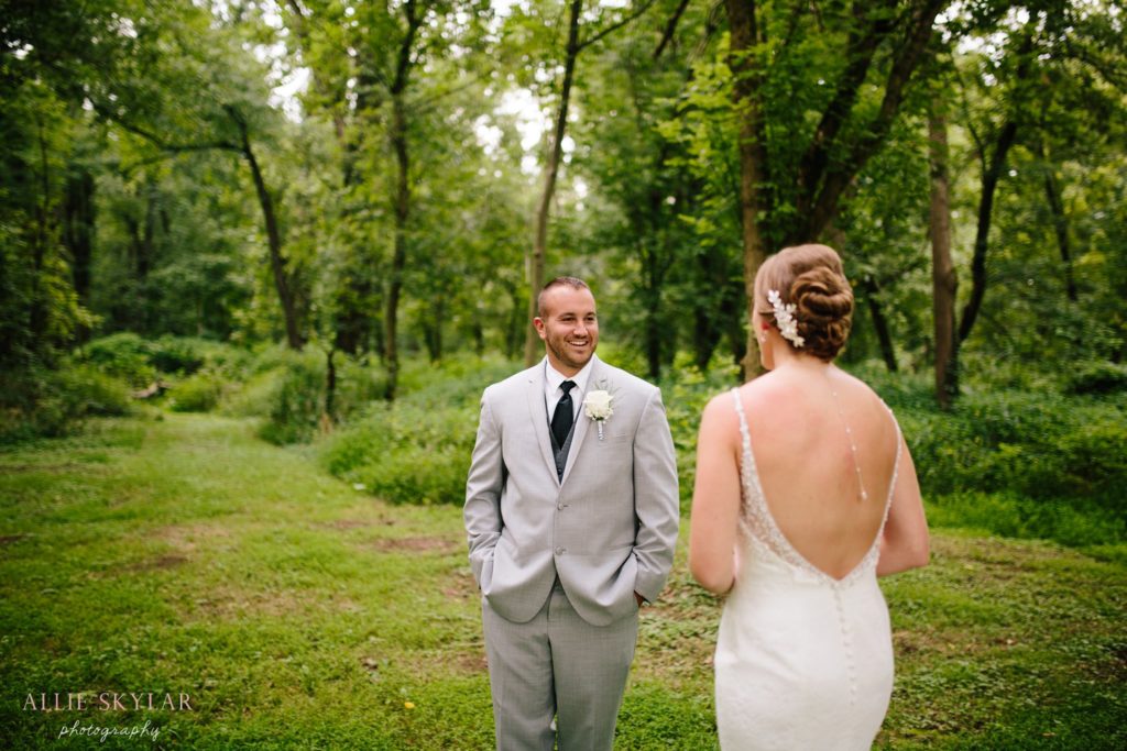 bride and groom have first look in bloomsburg PA wedding