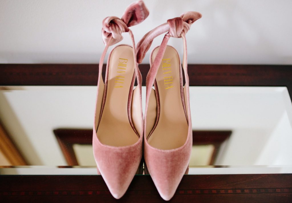 pink velvet bridal shoes with a bow