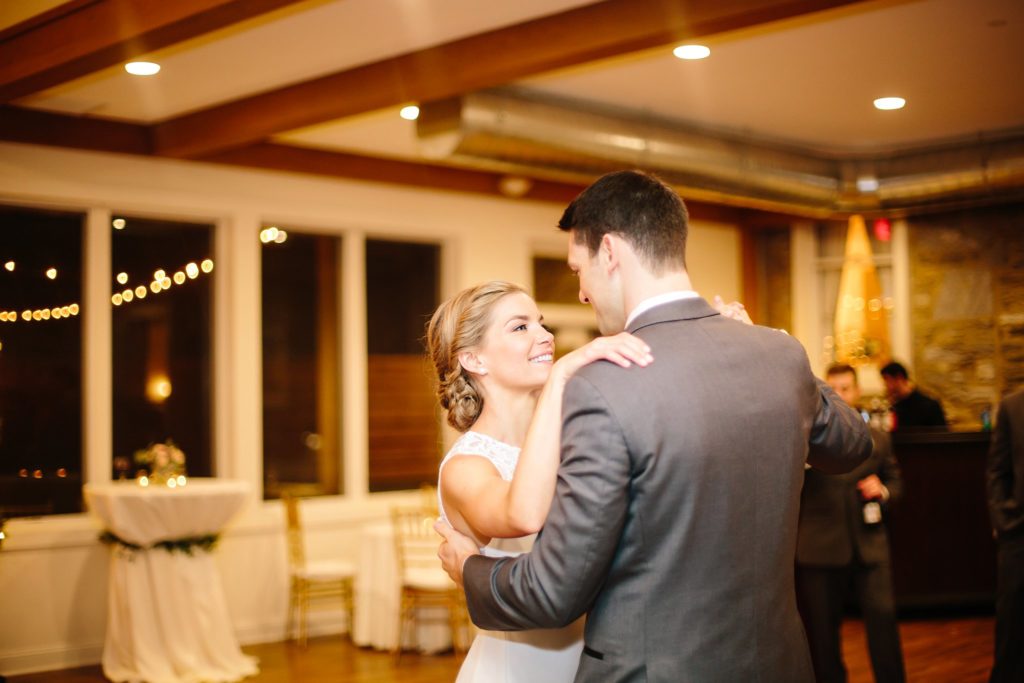 bride and groom share their first dance at the farm house at peoples light and theater wedding