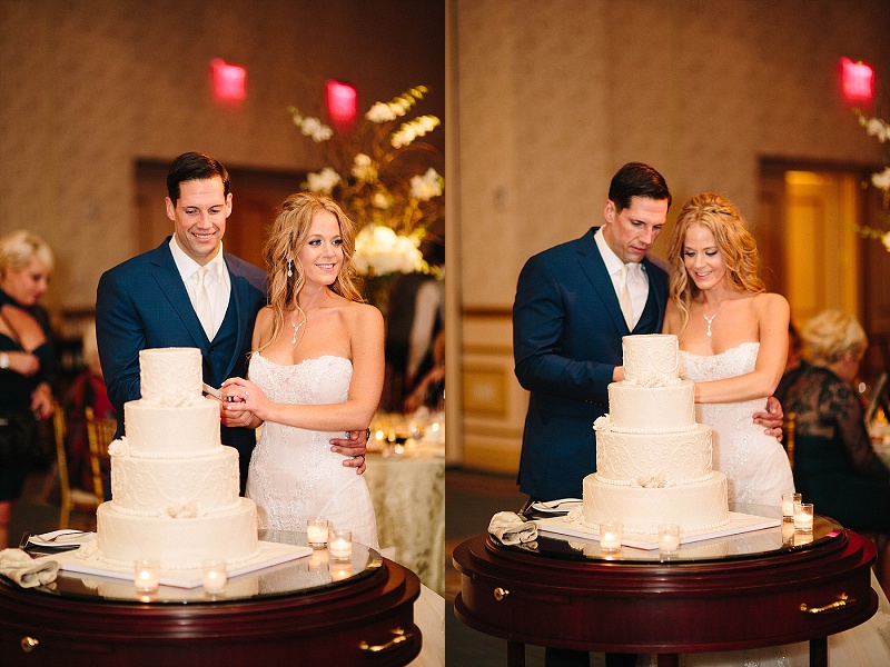 couple cut the cake in the ballroom at the grove NJ