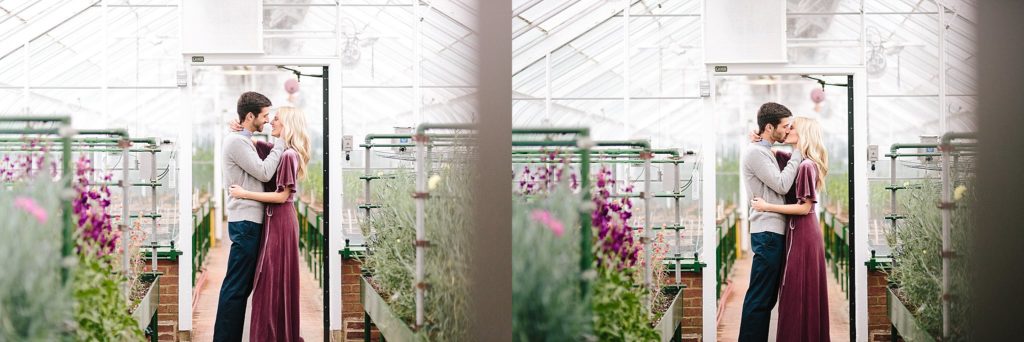 engaged couple dance in the greenhouses at Longwood Gardens during their engagement session