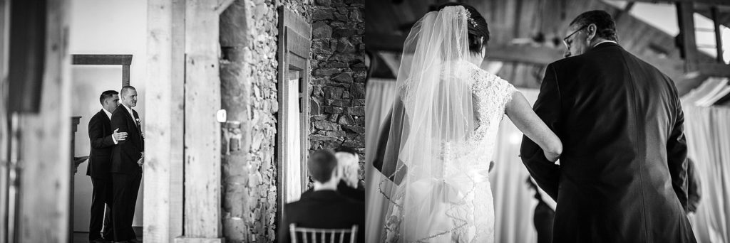 bride ready to walk down the aisle at the barn at la massaria at bella vista