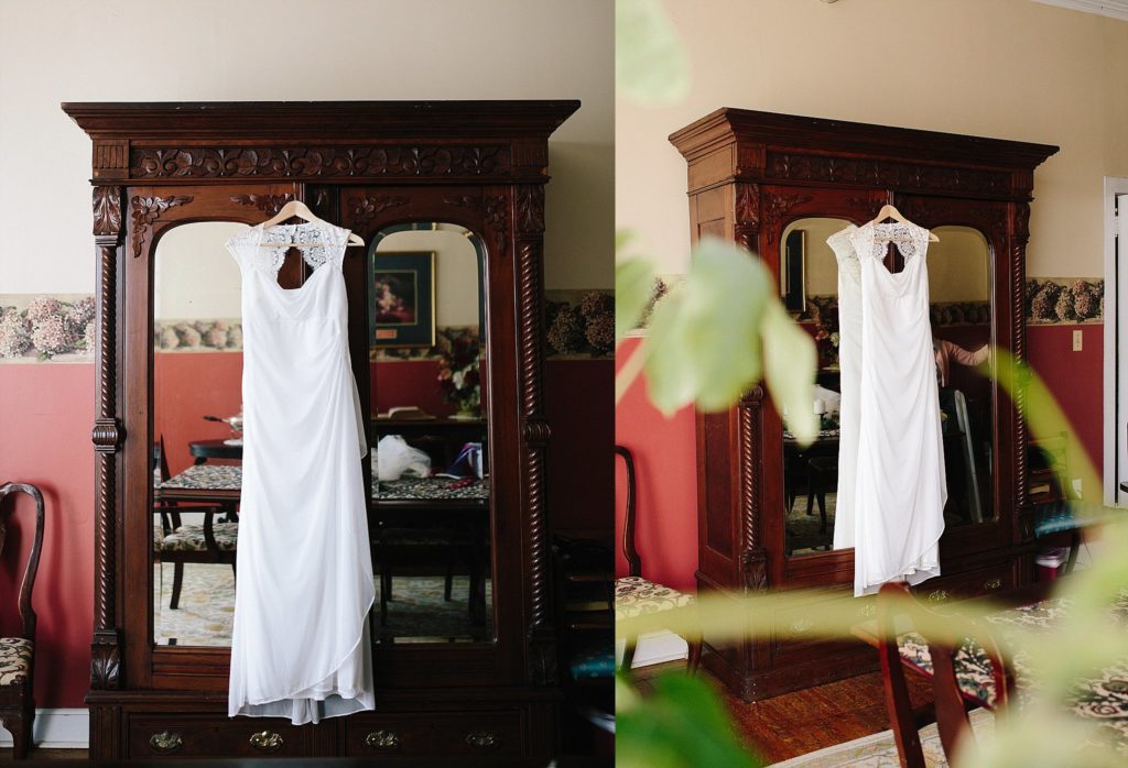 brides wedding dress hanging in old estate in Ambler PA
