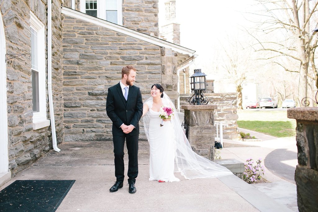 bride and groom first look at camp hill in fort washington pa