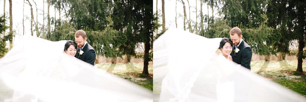 bride and groom portraits with romantic cathedral veil 