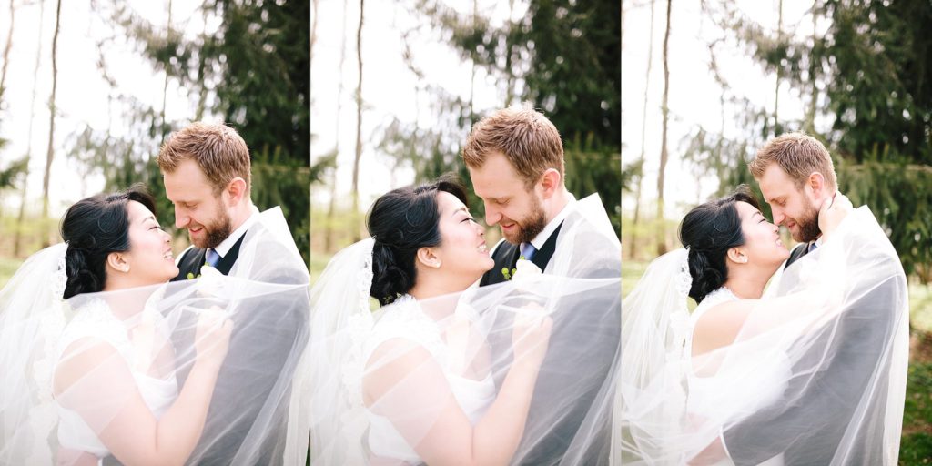 bride and groom portraits with romantic cathedral veil 