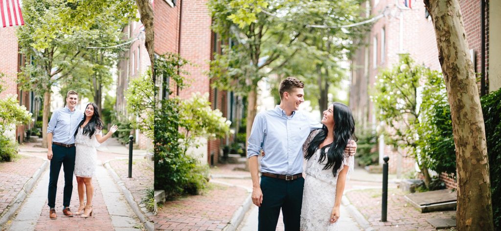 engaged couple stroll through the streets of old city philadelphia during their engagement session