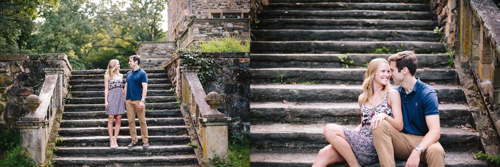 engagement session on the steps of hunting hill mansion at ridley creek state park