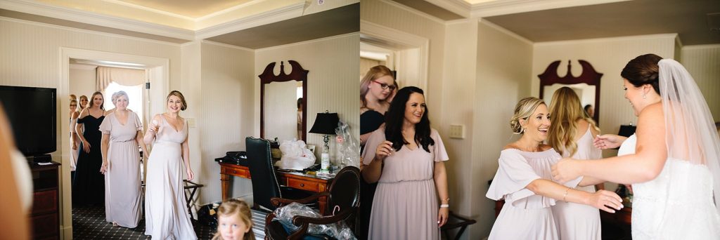 bridesmaids see their bride for the first time at the historic hotel bethlehem
