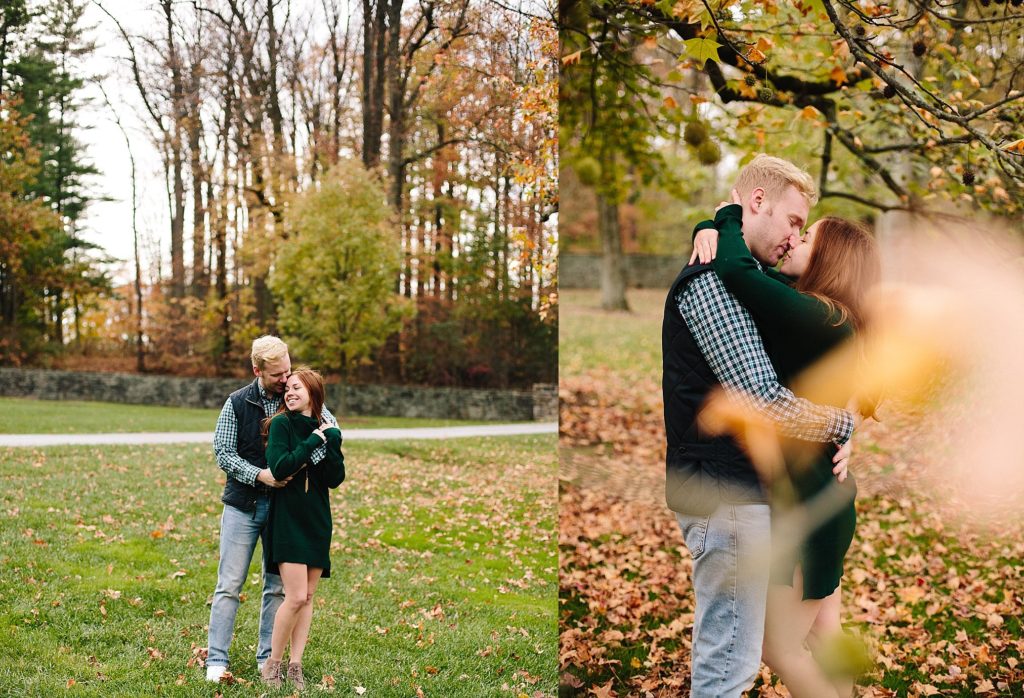 engaged couple embrace at longwood gardens during their engagement session