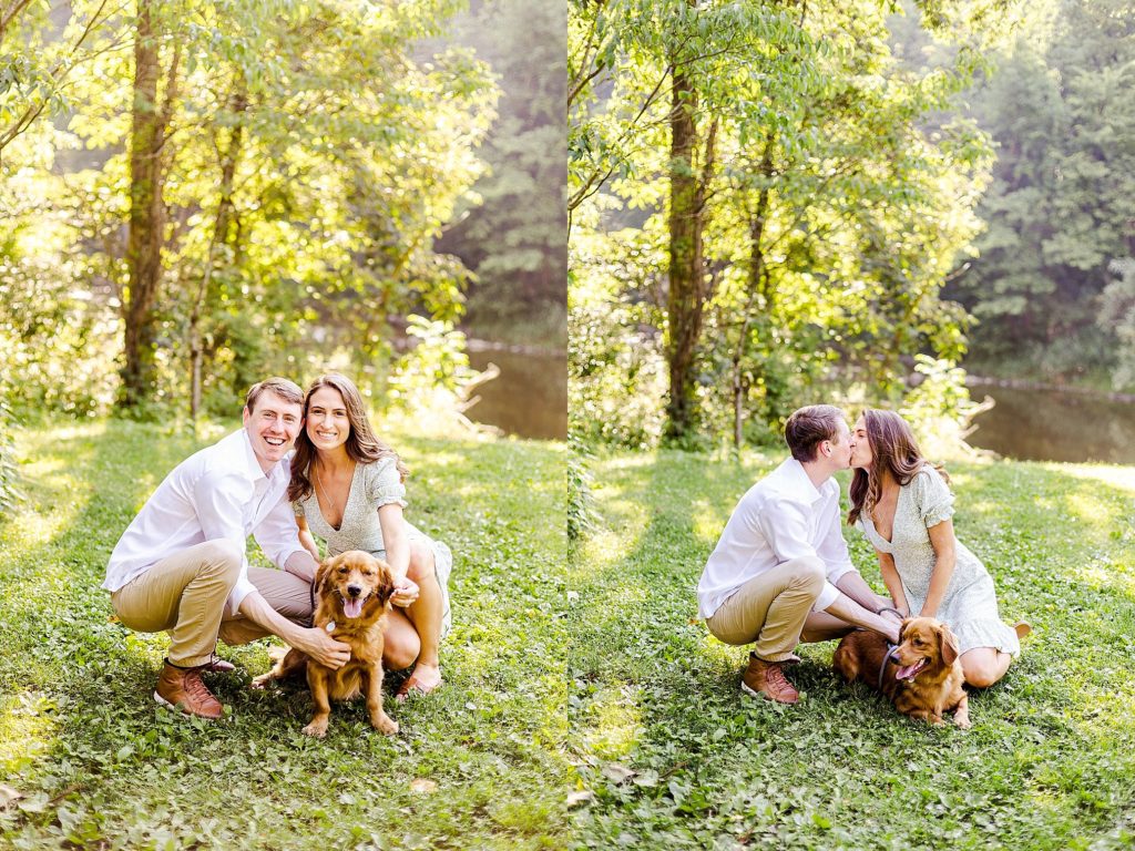 couple kiss with their dog during their engagement session at Jacobsburg Park in Lehigh Valley