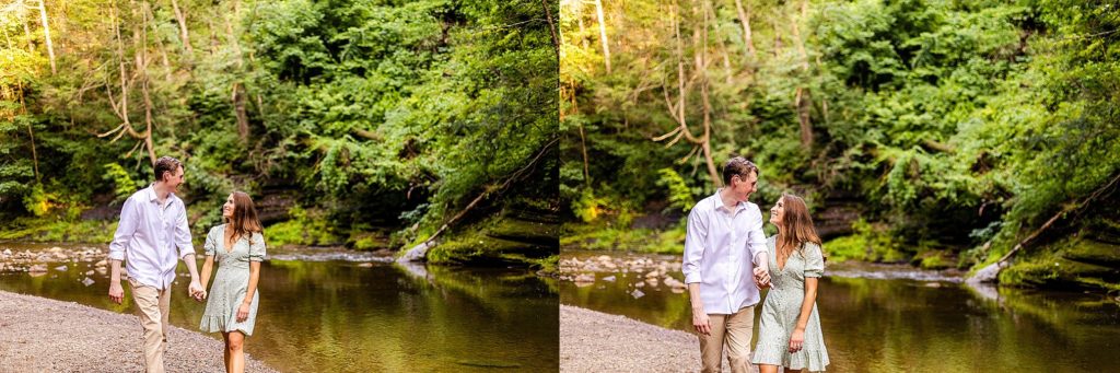 couple kiss during their engagement session at Jacobsburg Park in Lehigh Valley