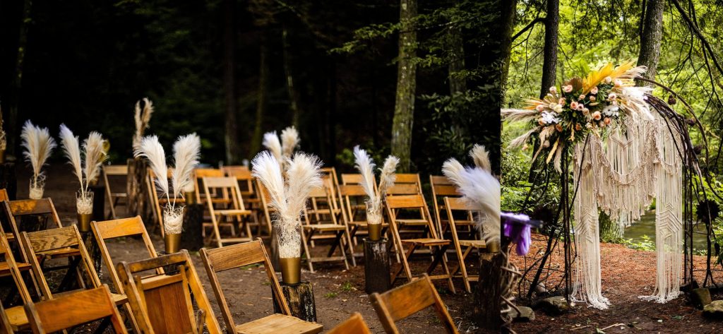 boho Macrame wedding altar in the woods at Pump House Bed and Breakfast 