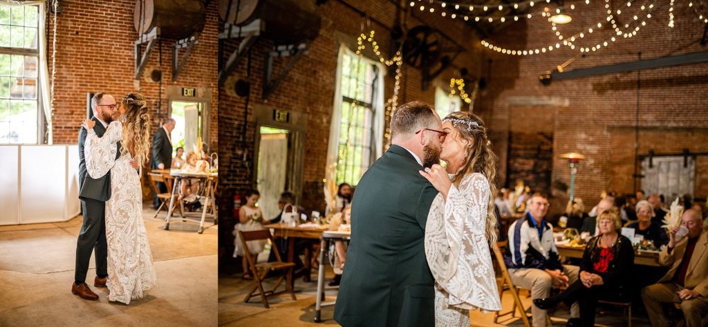 bride and groom share their first dance at their boho Pump House B&B wedding in Bloomsburg PA