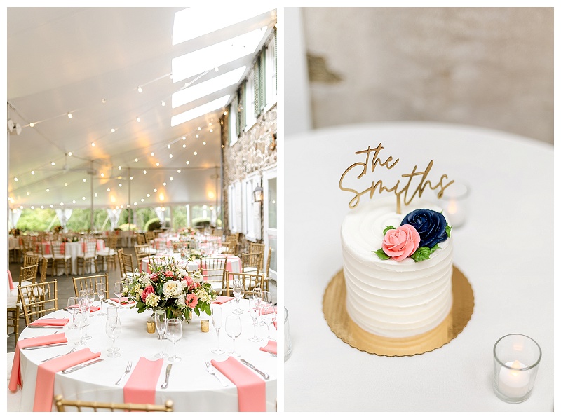 tented wedding reception with peach and navy colors at Appleford Estate in Villanova PA