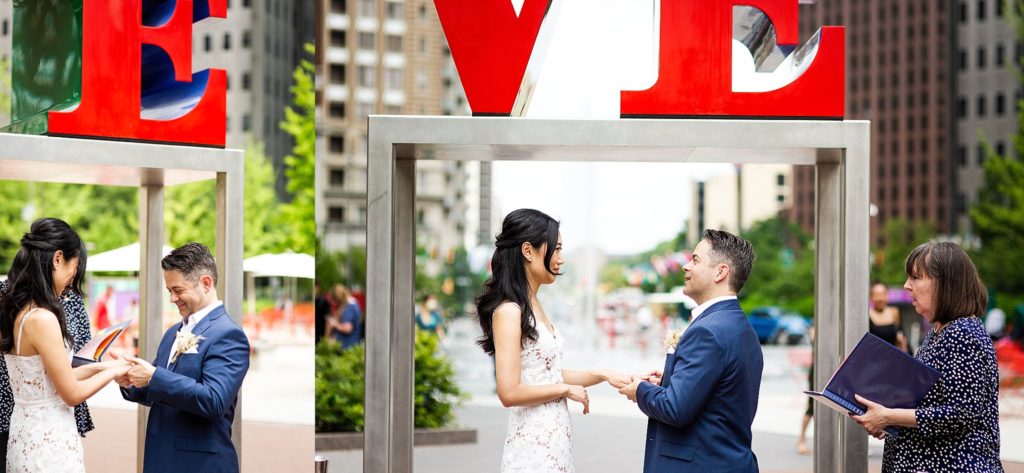 bride and groom get married at the historic love statue in love park, Philadelphia