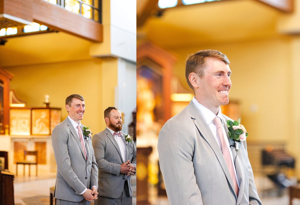 groom watches his bride to be walk down the aisle towards him in bucks county PA