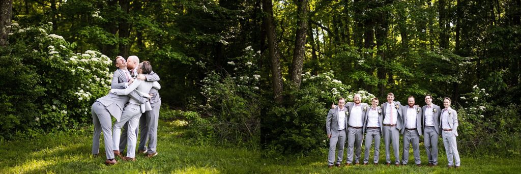 groom and groomsmen pose at Belle Voir manor at pen ryn estate in Bensalem PA