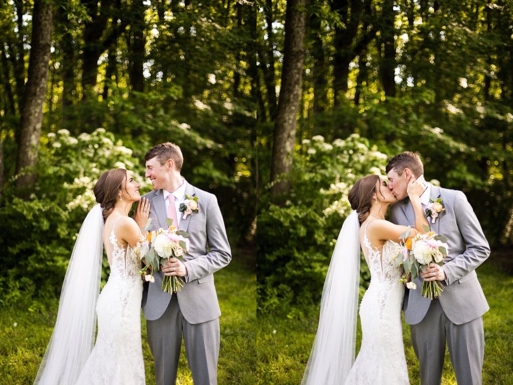 bride and groom kiss at Belle Voir Manor at Pen Ryn Estate