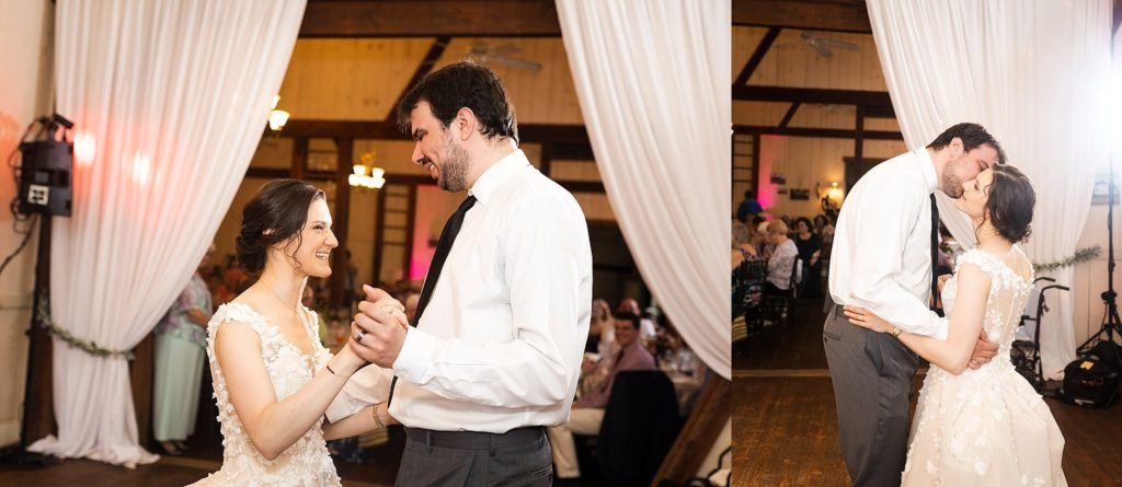bride and groom share their first dance at the barn at boones dam