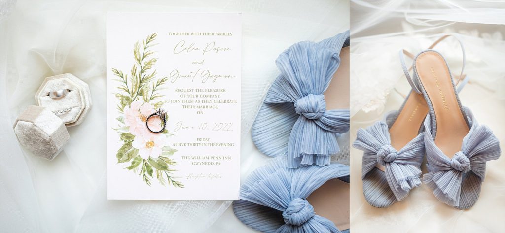 Bridal blue Loeffler Randall shoes are styles with wedding invitation and wedding rings