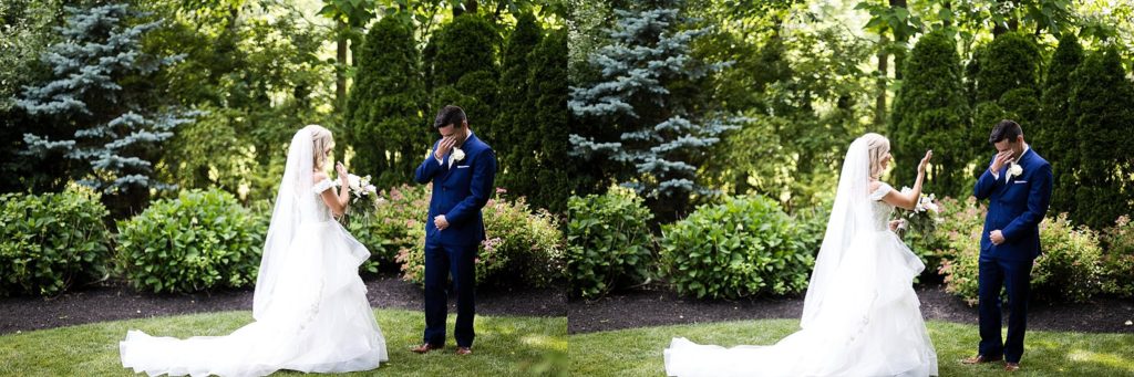 groom cries as he sees his bride during the first look at William Penn Inn