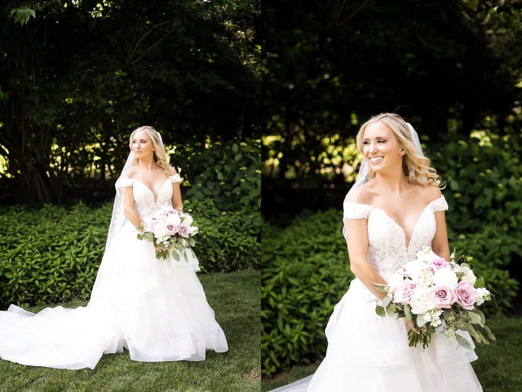 bride poses for portraits before her wedding at the william penn inn