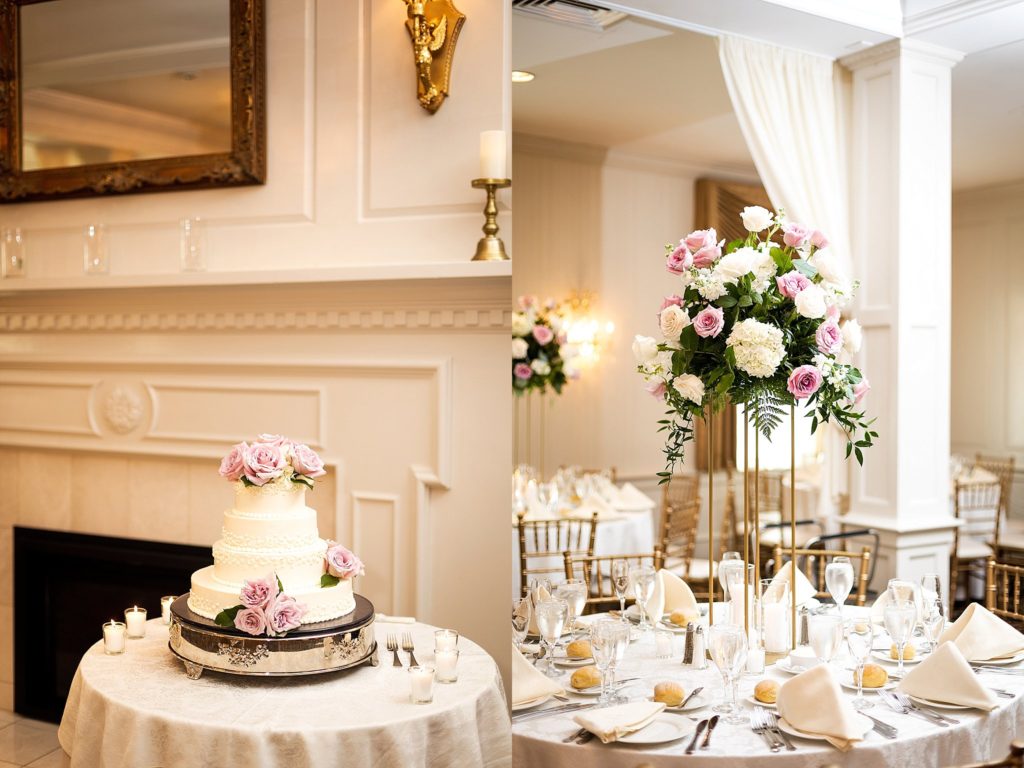 reception details like elevated flowers decorate the ballroom at william penn inn